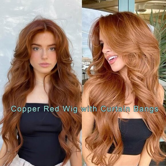 Auburn Wig with Bangs Long Wavy Copper Red Layered Wig - Picture 6 of 8